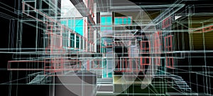 Architecture design concept 3d perspective wire frame colorful rendering with some material black background for abstract
