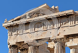 Architecture detail of ancient temple in Acropolis, Greece.