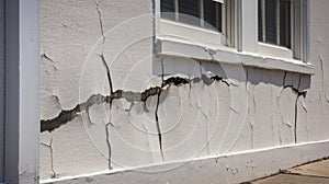 Architecture detail of damaged house dilapidated old building wall. Private abandoned home fall to ruin. Consequences of