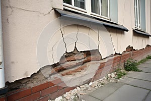 Architecture detail of damaged house dilapidated old building wall. Private abandoned home fall to ruin. Consequences of