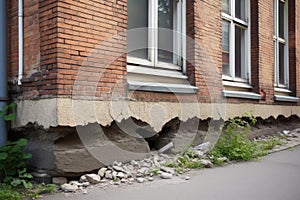 Architecture detail of damaged house dilapidated old building wall. Private abandoned home fall to ruin. Consequences of