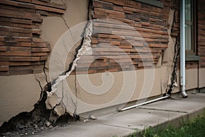 Architecture detail of damaged house dilapidated old building wall. Private abandoned home fall to ruin. Consequences of