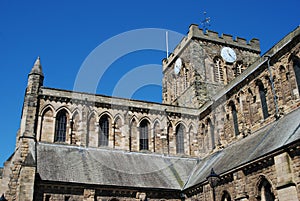 Architecture of Hexham cathedral and clock tower