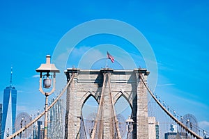 Architecture of historic bridge in Brooklyn. Brooklyn bridge of New York city. New York bridge connecting Manhattan and