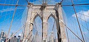 Architecture of historic bridge in Brooklyn. Brooklyn bridge of New York city. New York bridge connecting Manhattan and