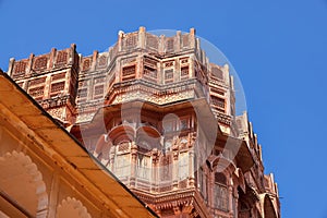 Architecture of historic Mehrangarh fort in Jodhpur, Rajasthan, India