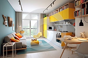 architecture idea of a living room interior design, showcasing a yellow and blue color scheme