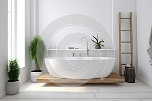 architecture interior white home house wood luxury modern indoor bathroom bathtub. Generative AI.