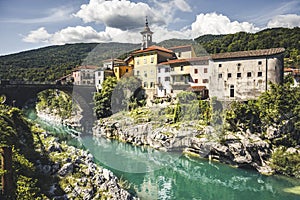 Architecture of Kanal Ob Soci Town in Slovenia at River Soca.