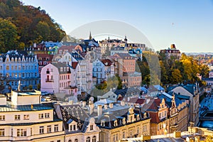 Architecture of Karlovy Vary (Karlsbad) in autumn, Czech Republic. It is the most visited spa town in the Czech Republic