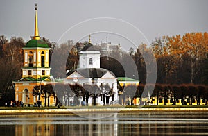 Architecture of Kuskovo park in Moscow. Autumn nature.