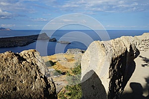 View of the Mediterranean Sea from the ancient Acropolis of Lindos. Rhodes Island, Dodecanese, Greece