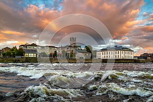 Architecture of Limerick city and Shannon river at sunset, Ireland
