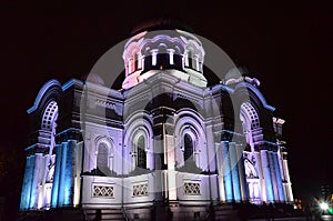 Architecture in Lithuania - St. Michael the Archangel`s Church or the Garrison Church in Kaunas is illuminated with festive lights