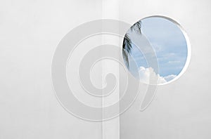 Architecture minimal exterior white wall cement surface texture,Concrete house with open window against blue sky and clouds,