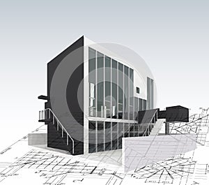 Architecture model house with blueprints. Vector