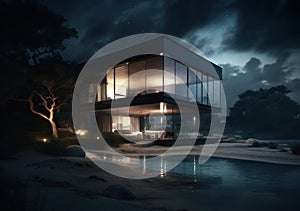 Architecture modern design, beautiful house, night scene. Generative AI.