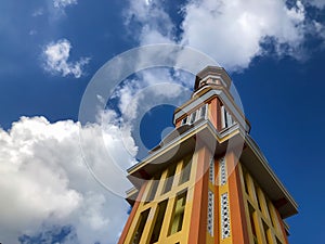 Architecture of the mosque's minaret, taken from a low angle