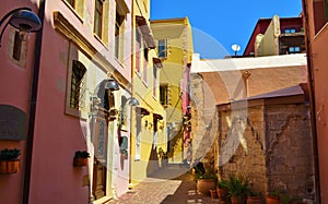 Architecture and narrow streets of the old town of Chania on Crete in Greece.