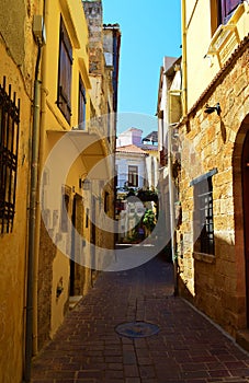 Architecture and narrow streets of the old town of Chania on Crete in Greece.