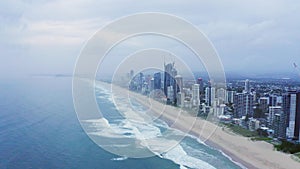 Architecture, ocean and Gold Coast in Australia with drone landscape of city for environment and buildings. Sea, water