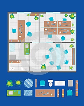 Architecture Office Plan with Furniture and Part Top View. Vector