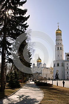 Architecture and old garden of Moscow Kremlin.