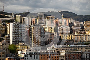 Architecture of the Old Port area of Genoa. View from the sea. Italy