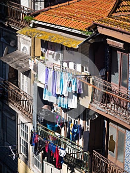 Architecture in the Old Town of Porto in Portugal. Laundry drying on the balconies