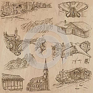 Architecture and places around the world - freehand drawings