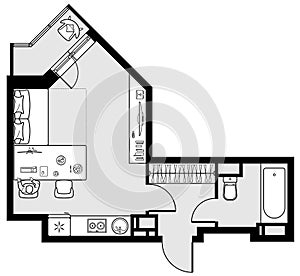 Architecture plan with furniture. House floor plan. Kitchen, lounge and bathroom. Interior design, top view. Vector