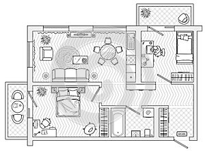 Architecture plan with furniture. House floor plan. Kitchen, lounge and bathroom. Thin line icons set for plan. Vector