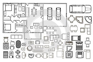 Architecture plan with furniture in top view