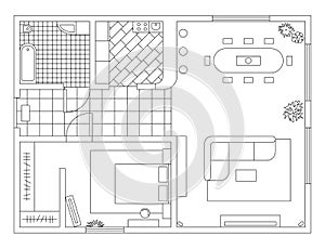 Architecture plan with furniture in top view. Coloring book