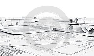 Architecture plan and rolls of blueprints.