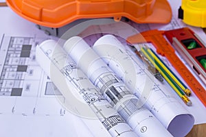 Architecture plan and rolls of blueprints