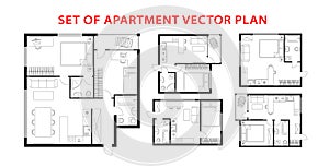 Architecture plan set of apartment, studio, condominium, flat, house.