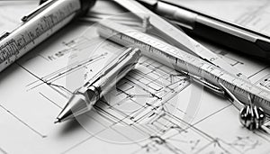 Architecture plan & tools. Architecture plan of interior & work tools - pencil, ruler, compass