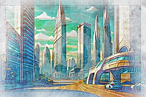 Architecture project of a futuristic city with highways and skyscrapers, digital illustration