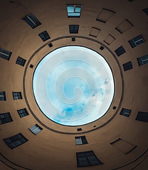 Architecture of Saint Petersburg. Bottom view of a round-shaped courtyad.