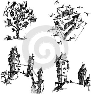 Four architectural sketches of architecture photo