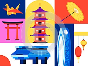 Architecture and souvenirs of Japan - set of flat design style illustrations