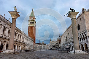 Architecture of St. Mark`s square with Campanile tower, basilica San Marco and Doge`s palace, Venice, Italy