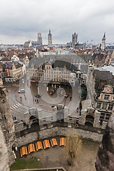Architecture of streets of Ghent town, Belgium in rainy day