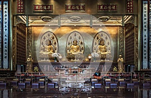 Architecture of Taiwanese temple-style and Three Buddha images inside Fo Guang San Temple