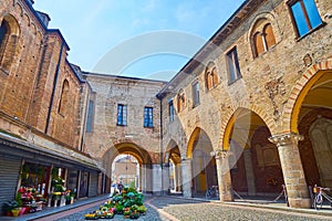 Architecture of tiny Piazza Broletto, Lodi, Italy