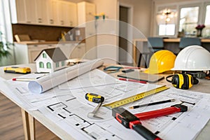Architecture and tools on table in home interior