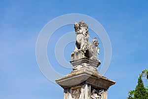 Architecture of top of Mong Phu communal house gate with ancient unicorn in Duong Lam ancient village, Son Tay district, Hanoi, Vi