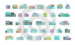 Architecture town buildings big set. City street. Flat stock vector graphics. A lot of various details houses