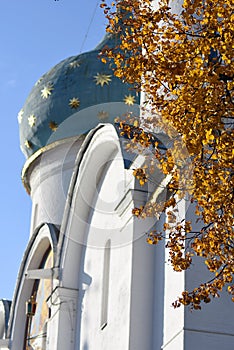 Architecture of Trinity Sergius Lavra, Russia. autumn tree